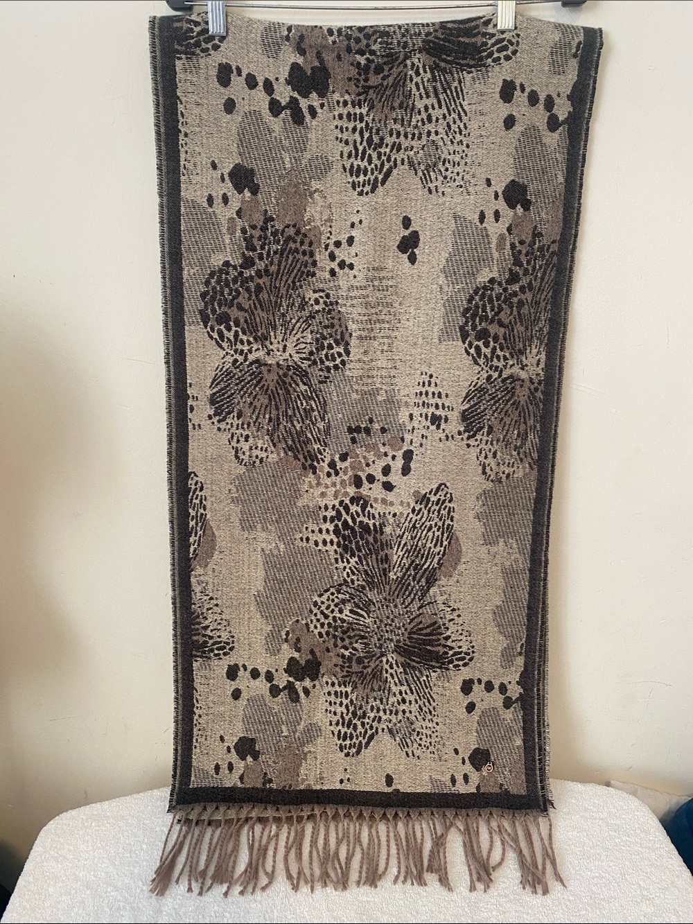 Anne Klein Floral Knit Fringe Scarf in Beige and Black